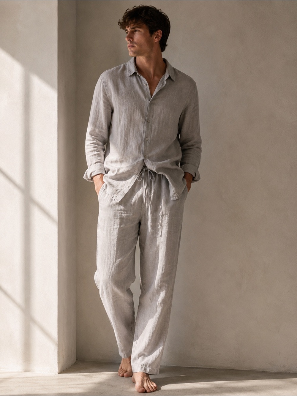 BALA 100% Linen Matching Set Light Gray Shirt & Pants Size L Fits M Like New